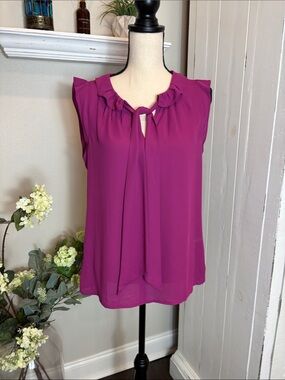 LOFT Sleeveless Ruffled Tie-Neck Blouse - Magenta